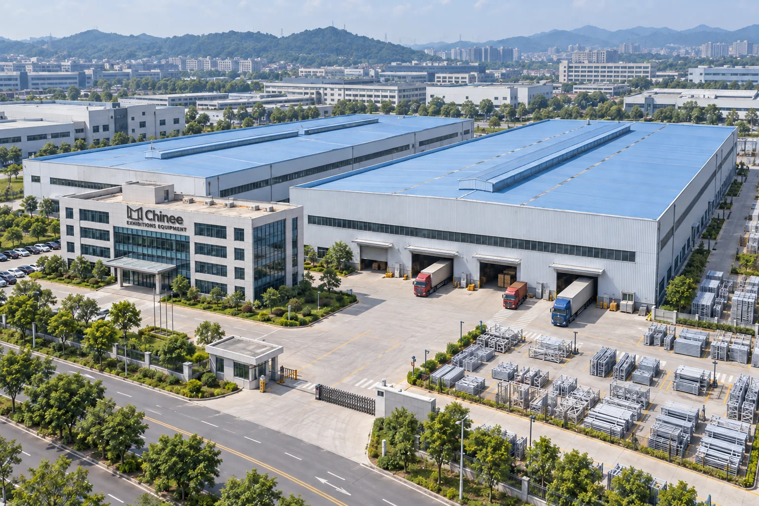 AI-generated brand visual of the Chinee exhibition equipment manufacturing campus with dimensional facade signage