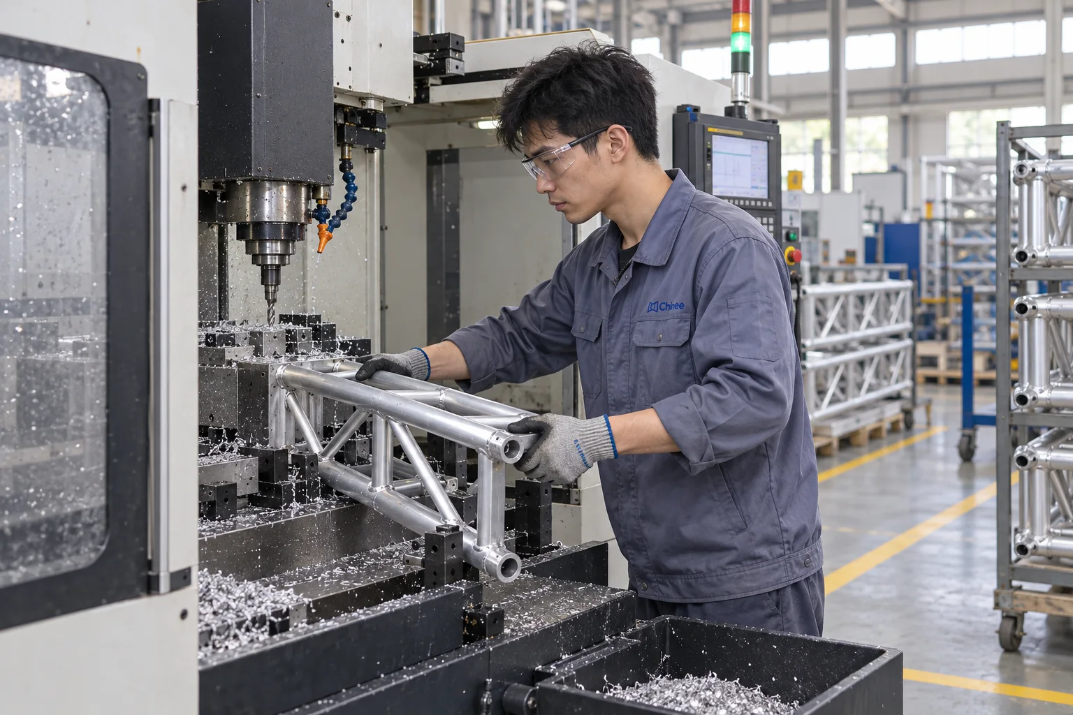 Chinee production worker machining an aluminum truss component