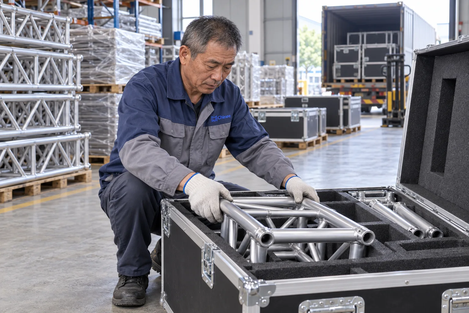 Chinee warehouse worker packing aluminum exhibition truss for delivery