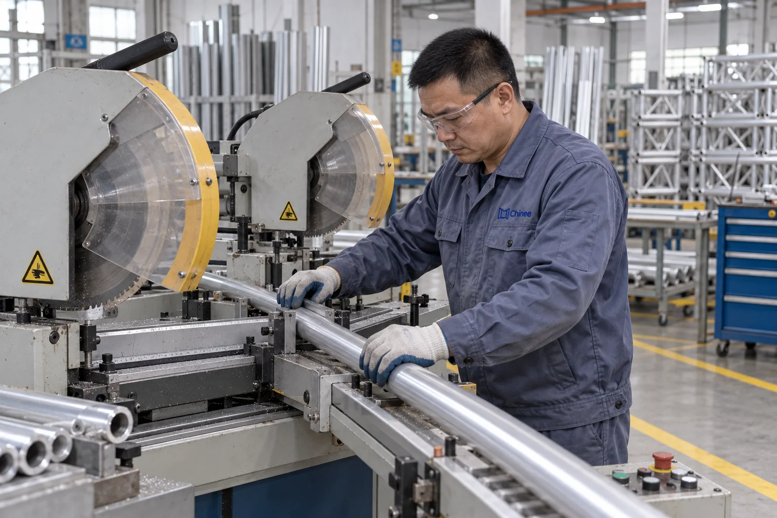 Chinee production worker cutting aluminum exhibition profiles