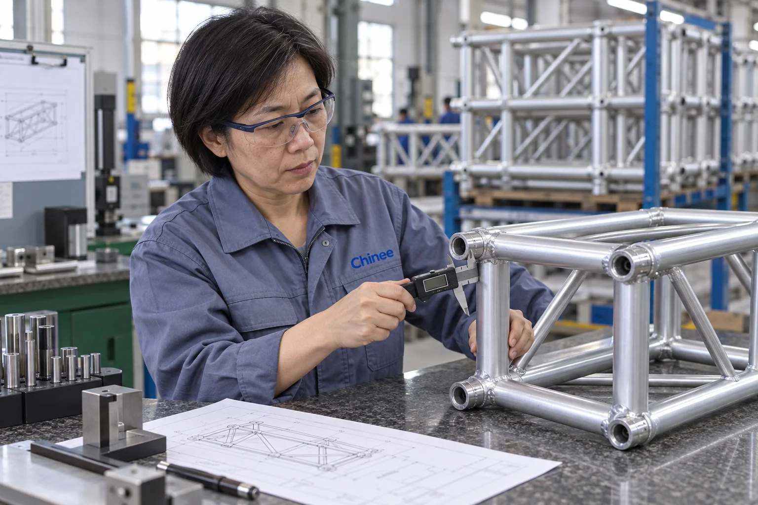 Chinee quality inspector measuring an aluminum truss connector