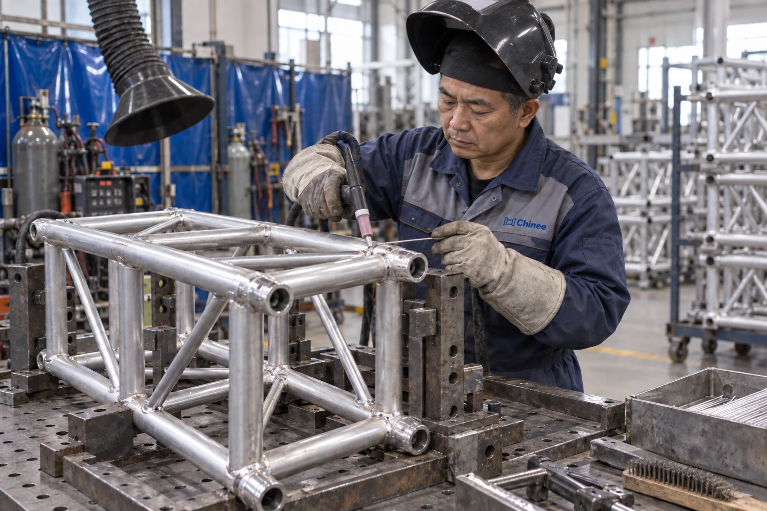 Chinee production worker welding an aluminum exhibition truss