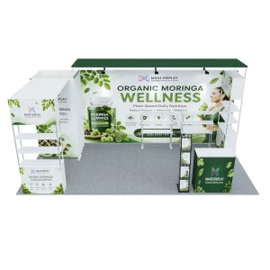 10x20ft Portable Tension Fabric Exhibition Booth Display with Reusable Frame and Shelves