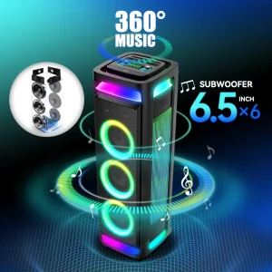160W Portable Party Speaker Triple 6.5″ Woofer RGB Light Deep Bass Wireless Mic Outdoor Karaoke Boombox