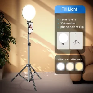 16cm Round LED Ring Fill Light Kit with 2m Adjustable Stand and Phone Clip, 3 Color Modes