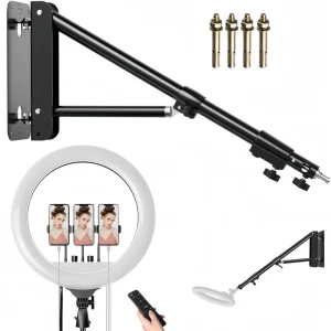 18-Inch Ring Light with Remote Control and 51-Inch Wall-Mounted Triangle Boom Arm for Beauty Salon and Barber