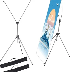 2-Pack Silver Aluminum Floor-Standing X-Frame Banner Stand, Adjustable Sizes 23×63 and 32×78, with Carrying Bag