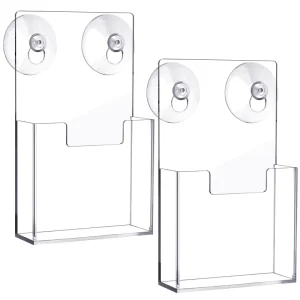 2 Pcs Acrylic Brochure Pamphlet Holder Suction Cups Wall Mount 7.4×4.2 Inch Window Display Rack for Flyers Trifold Pages