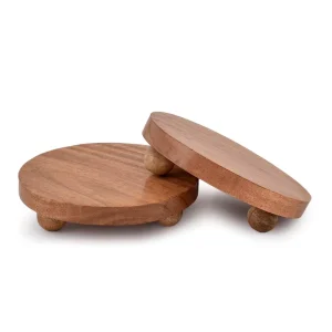 2 Piece Round Acacia Wood Display Stand Set 5.5×5.5×1.5 Inch Elegant Riser for Kitchen Bathroom & Plant Display