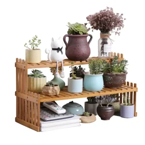 2 Tier Bamboo Wood Plant Shelf and Flower Display Stand