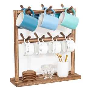 2-Tier Wooden Mug Tree Stand with Hooks and Storage Base for Countertop Display or Drying