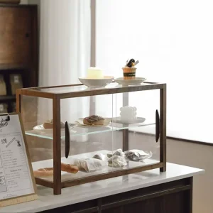 2-Tier Wooden Pastry Display Cabinet with Glass Countertop for Bakery Shops