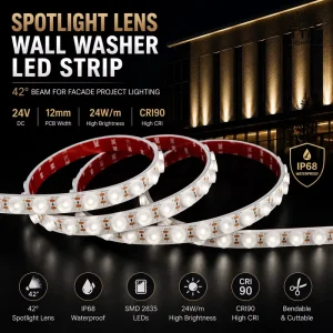 24V 12mm 42 Degree Spotlight Lens Wall Washer Strip IP68 24W m CRI90 SMD2835 Bendable Cuttable CE RoHS Outdoor Facade Light
