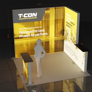 3*3M Custom Construction Innovation Exhibition Booth SEG Light Box Display L Shape Backwall With Top Header Reception Counter