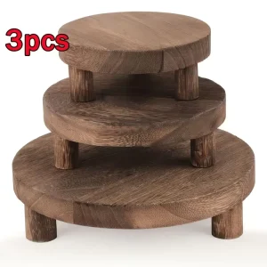 3-Piece Rustic Wooden Display Riser Stands with Legs for Cake Stand Plant Organizer