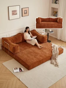 3-Seat Fabric Folding Sofa Bed with Corduroy Cover for Small Living Rooms