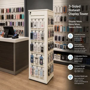 3-Sided Slatwall Display Stand with Lockable Door and Adjustable Shelves for Jewelry Store Retail Showroom