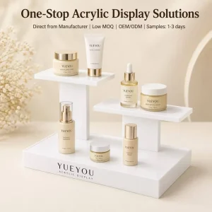3-Tier Asymmetrical White Gloss Acrylic Skincare Display Stand, Water-Resistant