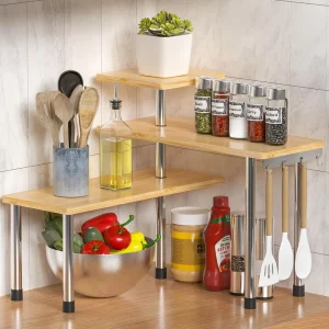3 Tier Bamboo Corner Shelf and Countertop Organizer with Hooks