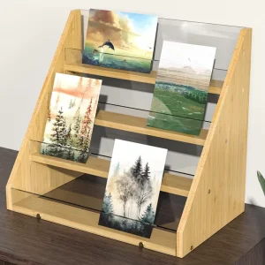 3 Tier Bamboo and Acrylic Greeting Card and Postcard Storage Rack