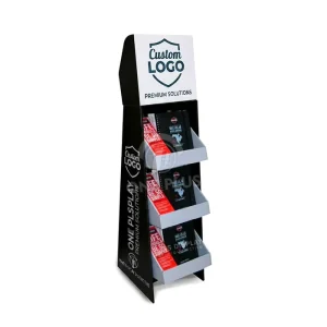3-Tier Corrugated Paper Brochure Floor Display Stand with Header Logo for Retail Shop
