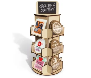 3 Tier Natural Wooden Countertop Organizer Shelf Rotating Sticker Display Stand for Vendors