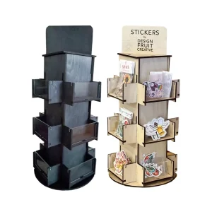 3-Tier Rotating Sticker Display Stand with Wooden Countertop Organizer Shelf