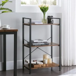 3-Tier Wood Grain Metal Display Shelf with X Cross Support and Adjustable Feet for Entryway Storage