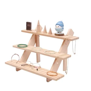 3-Tier Wooden Earring and Jewelry Display Stand with Ladder Design and Grooved Lines