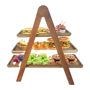 3-Tier Wooden Food Display Stand and Snack Serving Rack for Burgers, Fruits, Sandwiches, and Party Platters