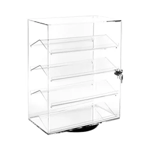 360-Degree Rotating Acrylic Display Case with 4 Removable Shelves and Key Lock for Sunglasses Jewelry and Collectibles