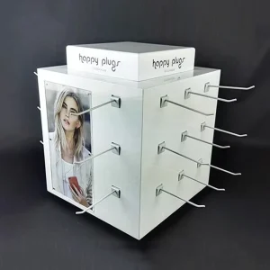360-Degree Rotating Metal Pegboard Display Rack with Hooks for Product Boxes