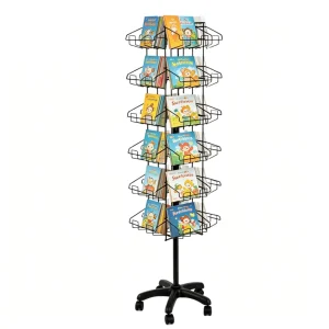 360-Degree Rotating Metal Wire Book Display Rack with Floor Stand for Kids’ Storybooks, Comics, Brochures, and Magazines