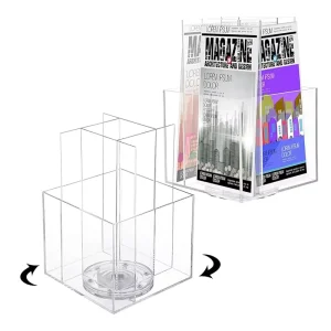 360° Rotating Acrylic Brochure Holder 4-Slot Countertop Catalog Display Rack for Real Estate Offices Showrooms and Lobbies