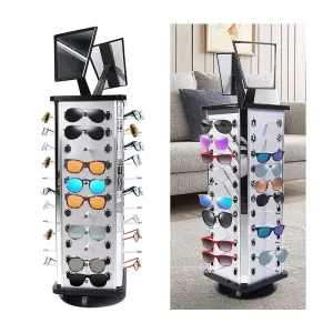 360° Rotating Acrylic Sunglasses Display Stand with Mirror, Holds 44 Pairs