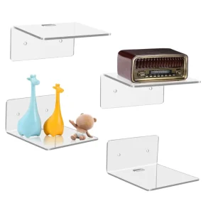 4-Pack Acrylic Floating Wall Shelves with Adhesive and Screw Installation for Figurines Cameras and Home Decor