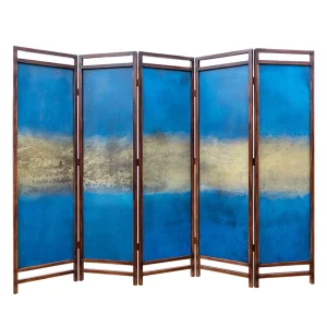 4-Panel Copper Folding Screen Partition with Blue and Yellow Center Panel