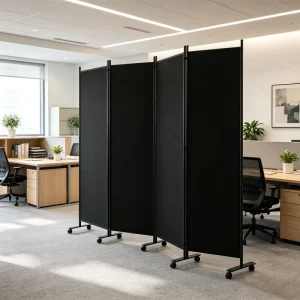 4-Panel Folding Mobile Room Partition Screen 340 cm Wide Waterproof Polyester Fabric with Wheels
