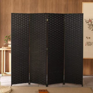 4-Panel Woven Mesh Wooden Privacy Screen Folding Portable Room Divider