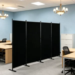 4-Piece Folding Office Partition Wall 340x180cm High Density Fabric Room Divider with Iron Base Manufacturer