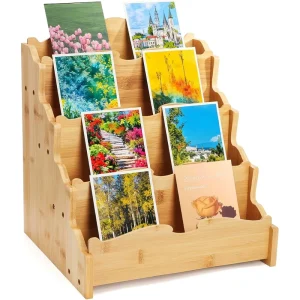 4 Tier Bamboo Greeting Card Display Stand Rack for Craft Show Vendors Retail Counter Bookcase Brochure Holder