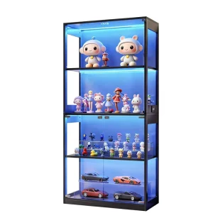4-Tier Double-Door Tempered Glass Storage Display Cabinet with LED Lighting, Black, 80 cm Wide