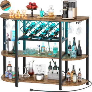 4 Tier Eco Friendly Modern Wood Wine Storage Cabinet Iron Frame LED Light Freestanding Floor Bar Table Liquor Wine Glass Rack