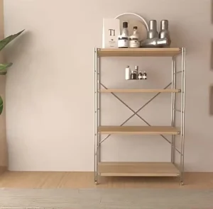 4-Tier Wooden Shelf Display Rack with Steel Metal Frame for Indoor Storage