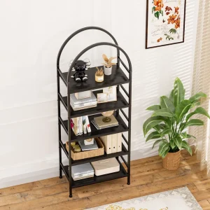 5-Tier Arched Metal Bookshelf with Wood Shelves Modern Design for Home Office Living Room Dining Apartment or Hotel Use