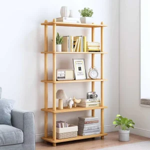 5-Tier Freestanding Oak Wooden Bookcase and Open Bookshelf for Dish and Plate Storage