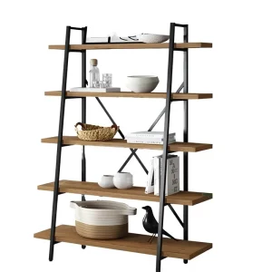 5 Tier Industrial Ladder Bookshelf Wooden Storage Organizer Display Shelf Metal Frame Plant Stand Bookrack for Home Office (