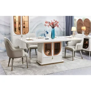6-Seater White Wooden Dining Table and Chairs Set with Home Storage