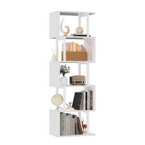 6-Tier Tall S-Shaped Geometric Bookcase Wood Metal Display Shelf Room Divider