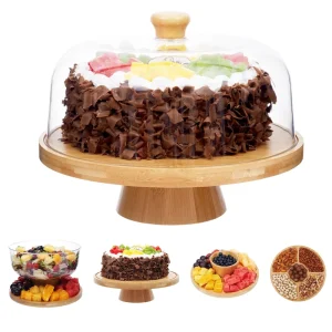 6-in-1 Multifunctional Wooden Cake Stand with Dome for Birthday Parties and Weddings